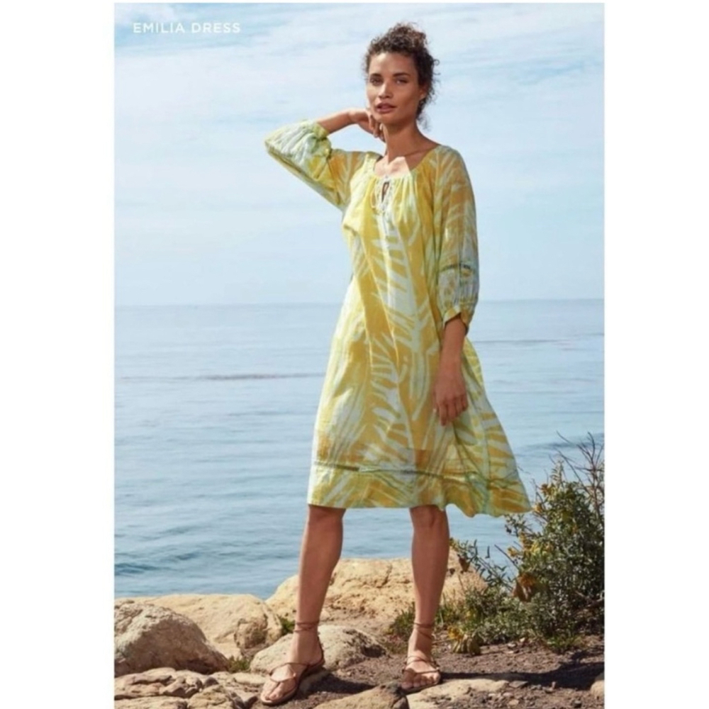 Johnny Was Yellow Green Leaf-Print Midi Dress